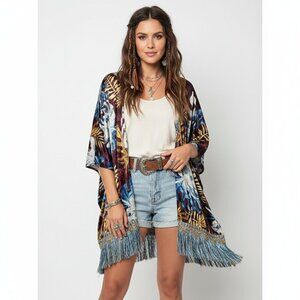 See and be Seen Womens Velvet Tropical Print Open Front Cardigan Size M/L Fringe
